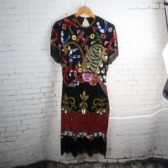 NAEEM KHAN RIAZEE VINTAGE SILK MULTI COLORED BEADED FRINGE SEQUIN PARTY DRESS - Picture 1 of 14